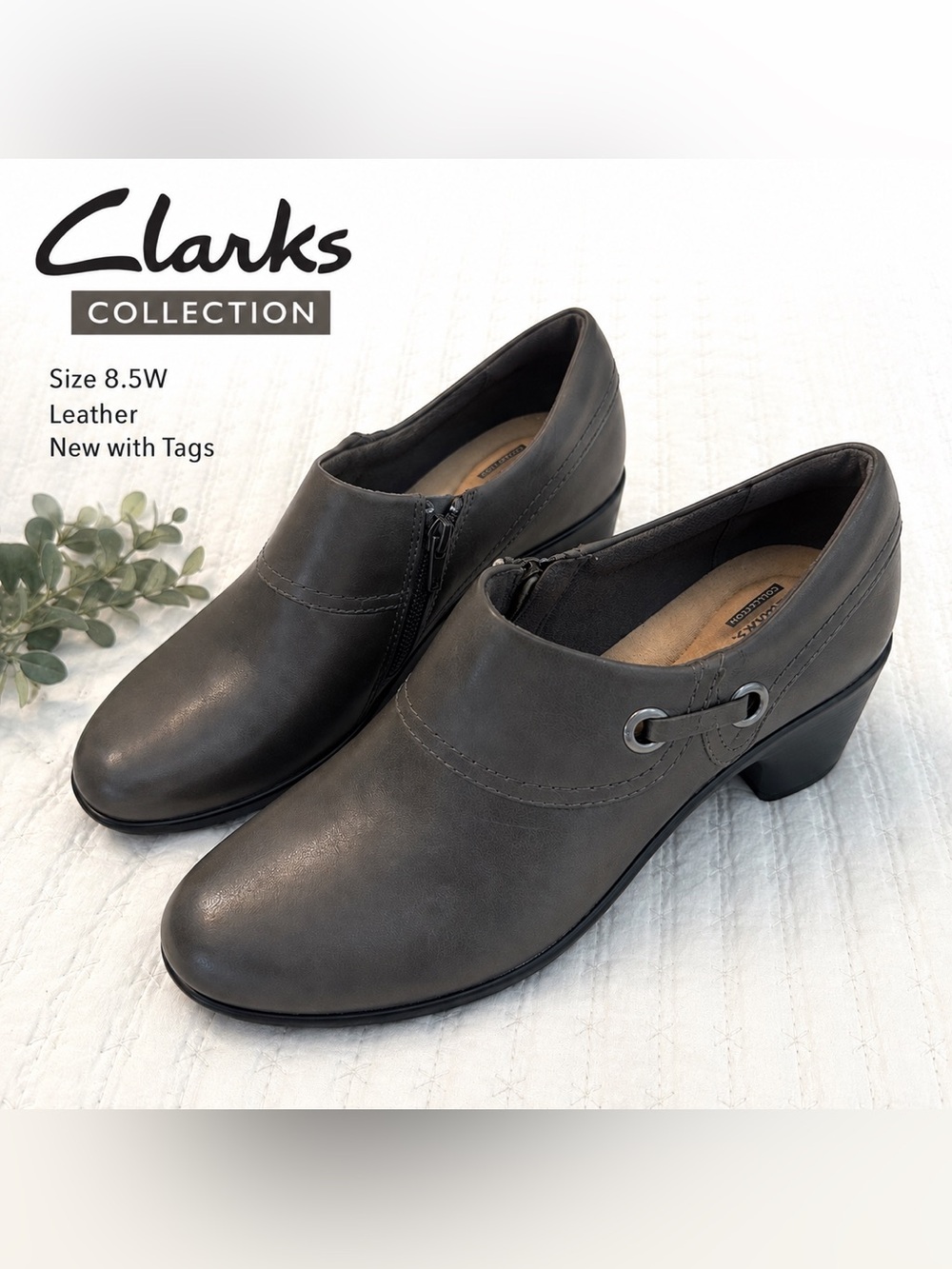 NWT Clarks Collection Leather Ankle Booties Taupe Gray Side Zip Heel Size 8.5W